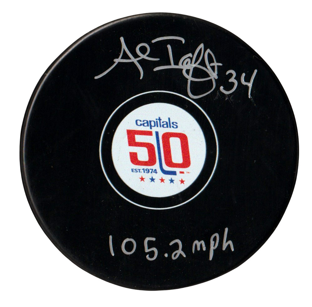 Al Iafrate Signed Capitals 50th Anniversary Puck w 105.2 MPH Beckett Wit BAS COA