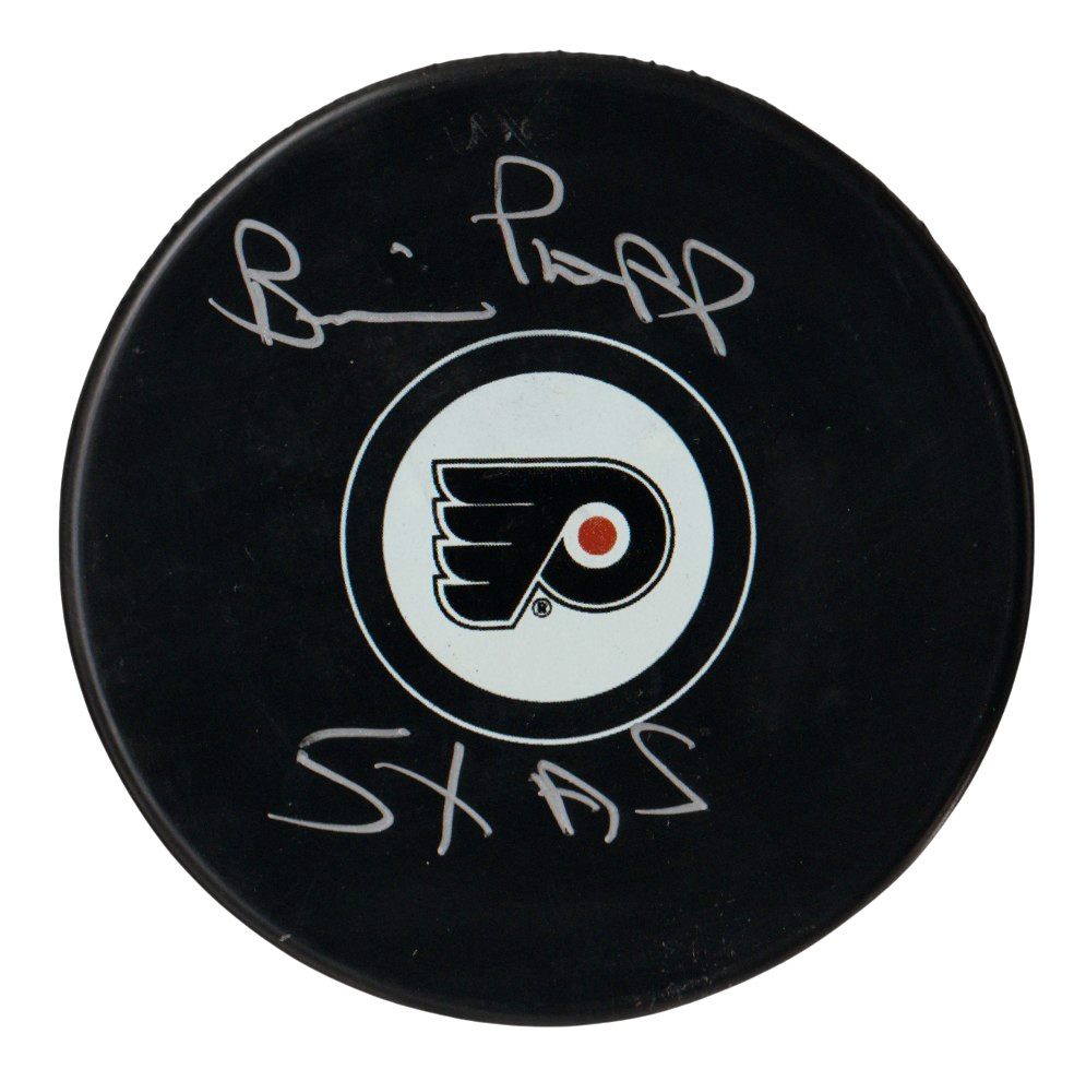 Brian Propp Signed Philadelphia Flyers Logo Puck w 5x AS Beckett Witness BAS COA