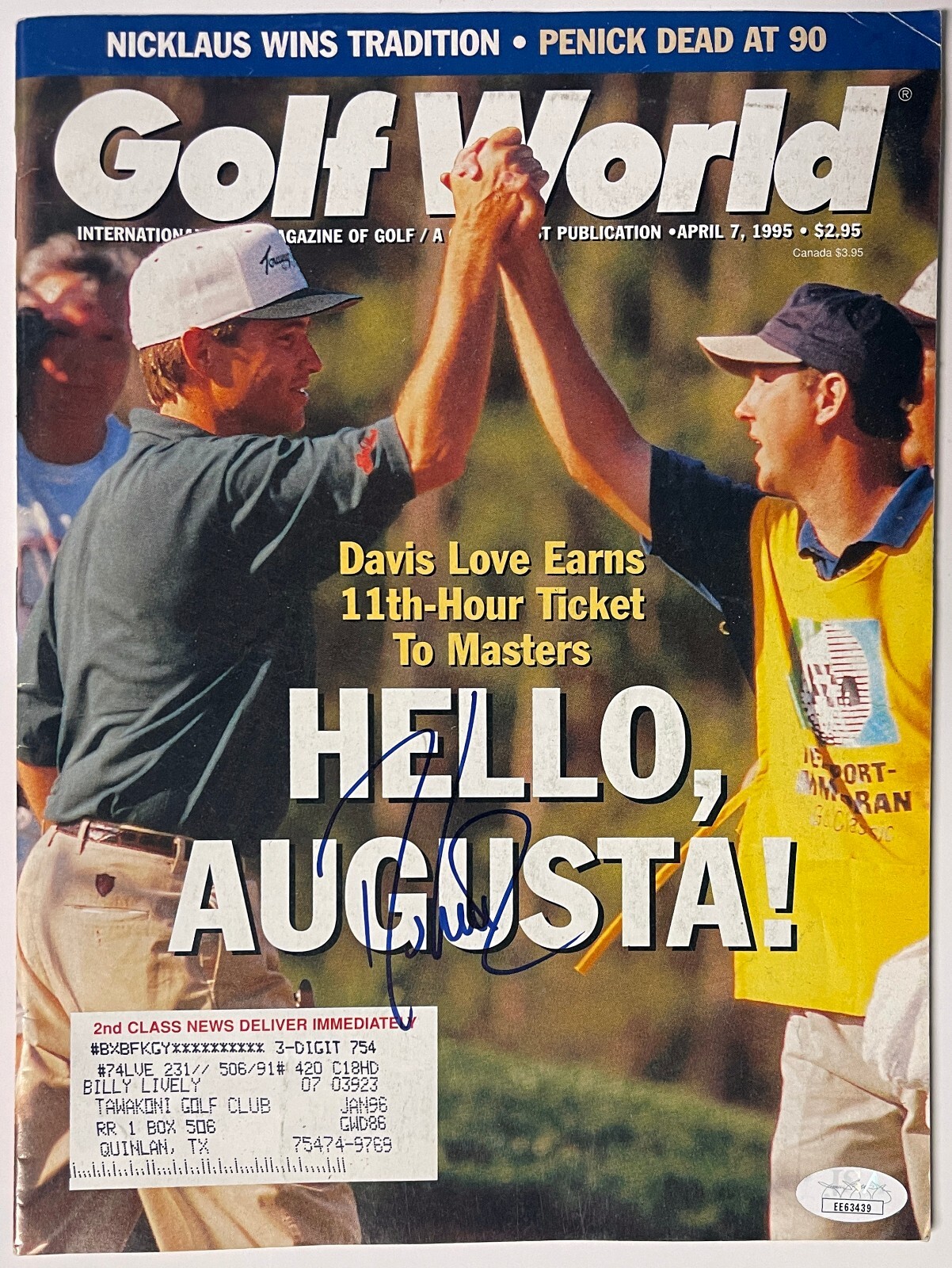 Davis Love, III signed Golf World Full Magazine 4/7/1995- JSA #EE63439