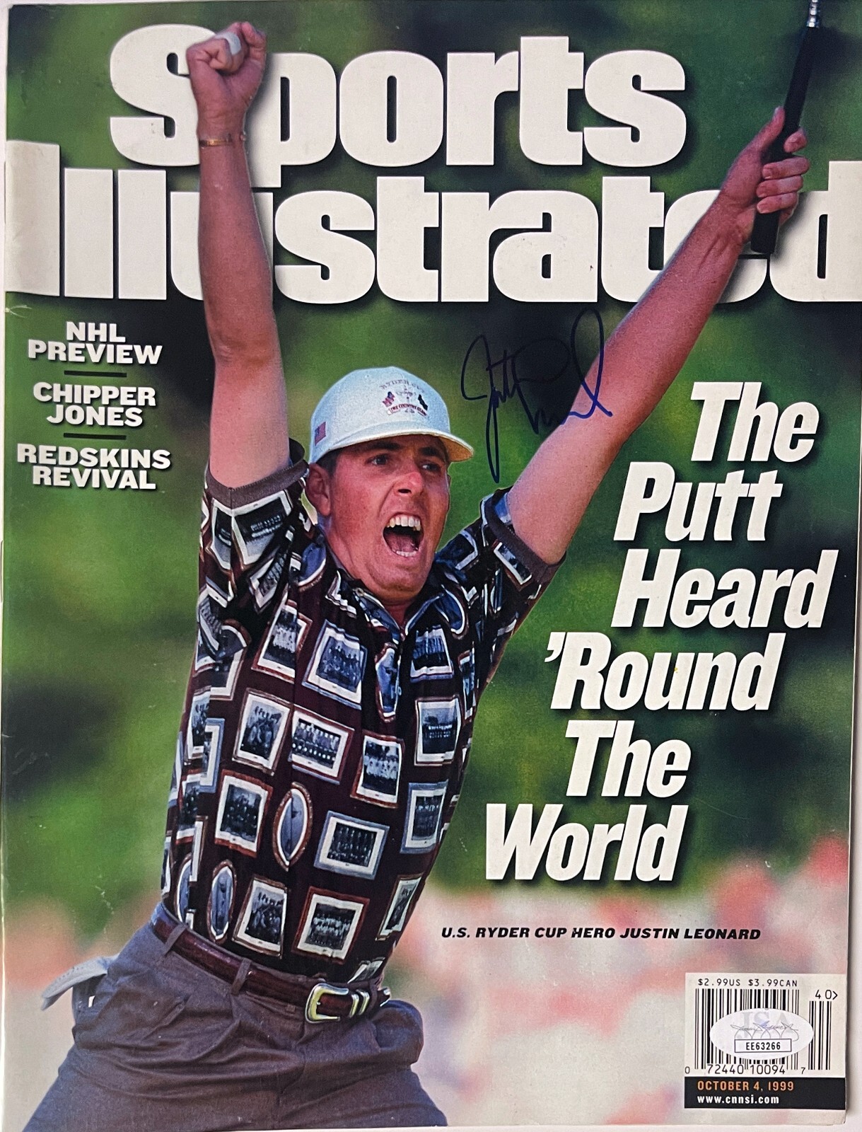 Justin Leonard signed Ryder Cup Sports Illustrated Full Magazine 10/4/1999- JSA