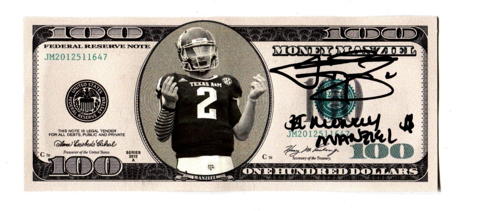 Johnny Manziel Signed Auto Custom $100 Bill 