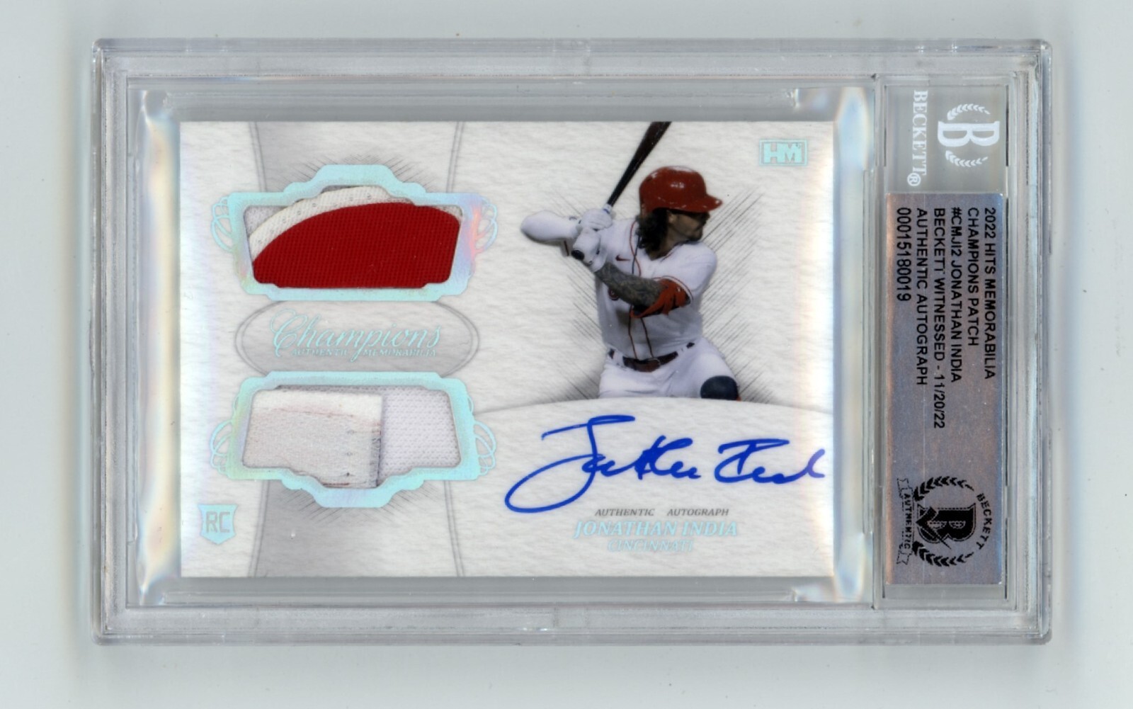 Jonathan India 2021 Hits Memorabilia Champions Patch Dual Auto RC #6/10 BGS BAS