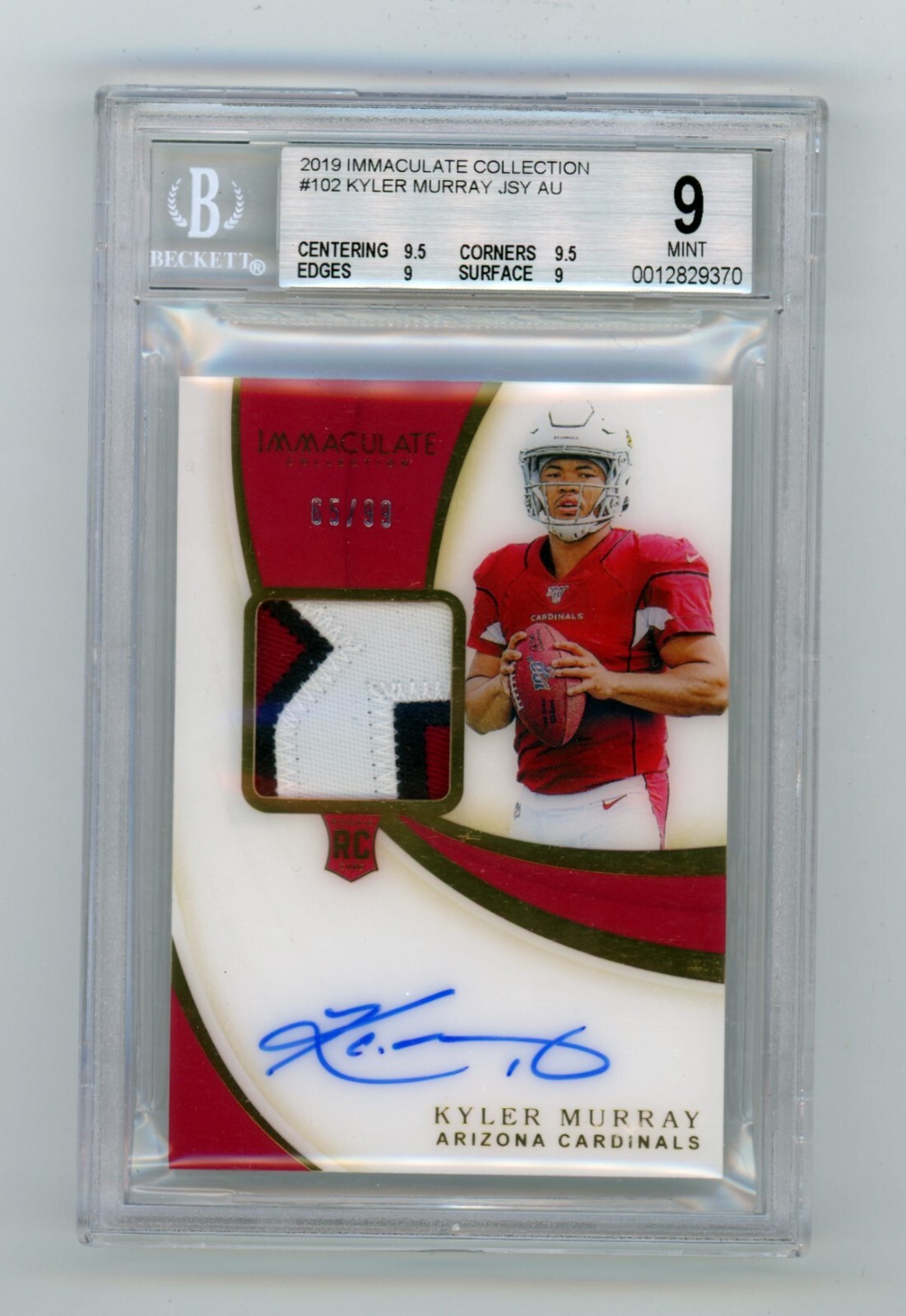 Kyler Murray 2019 Immaculate Collection 102 RPA Patch Auto RC #65/99 BGS 9 10