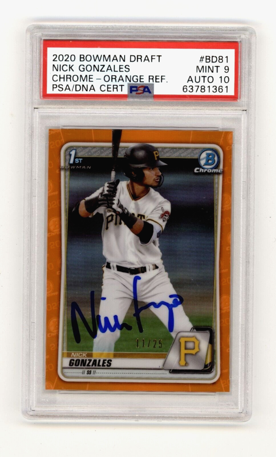 Nick Gonzales 2020 Bowman Chrome Draft Orange #/25 RC Signed PSA 9 10 Auto