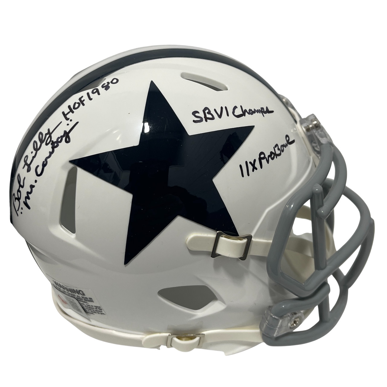 Bob Lilly Signed TB Cowboys Mini Helmet w/ 4 Ins Beckett Witness BAS COA
