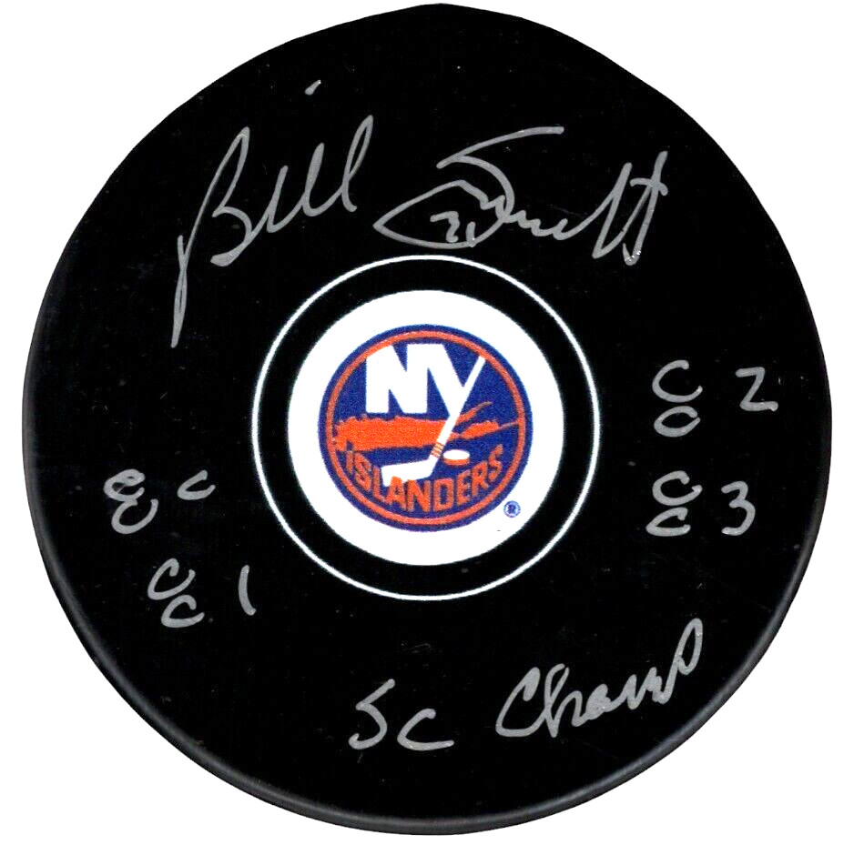 Billy Smith Signed Islanders Puck w/ 80 81 82 83 SC Champ Beckett Wit BAS COA