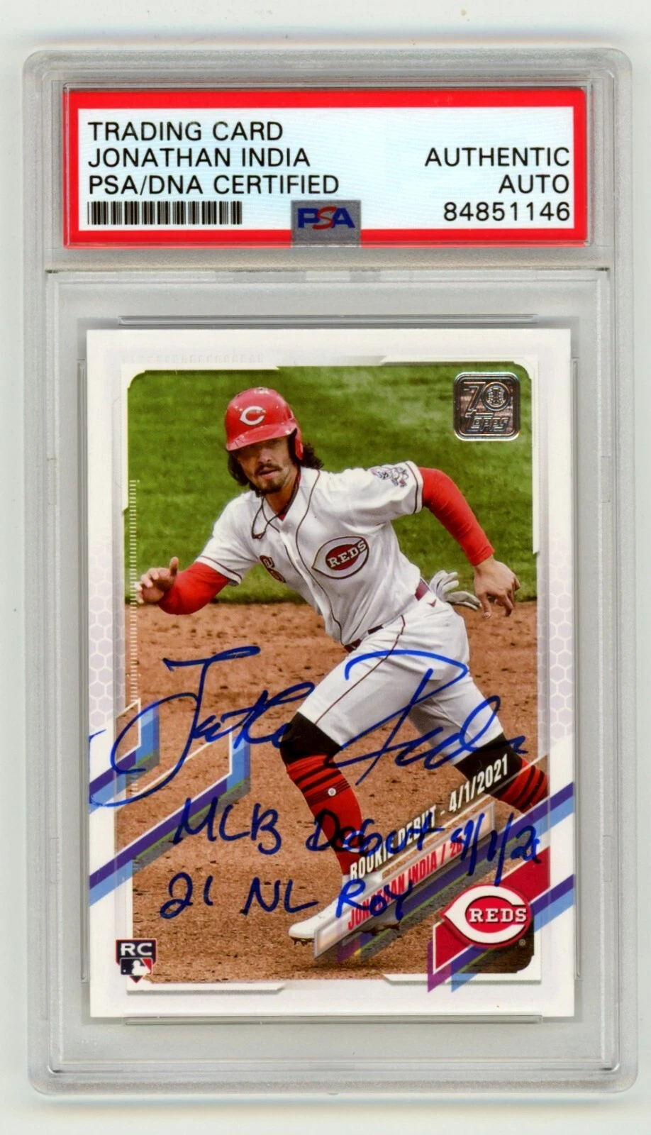 Jonathan India 2021 Topps Update Series #145 RC Signed 2 Insc PSA Authentic Auto