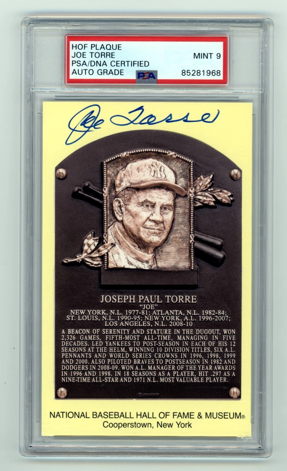 Joe Torre Signed Yellow HOF Plaque Post Card w/ Induction Day Stamp PSA 9 Auto
