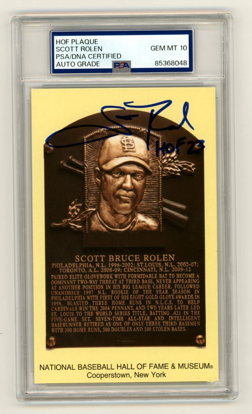 Scott Rolen Signed Yellow HOF Plaque Post Card w/ HOF 23 PSA 10 Auto Steiner