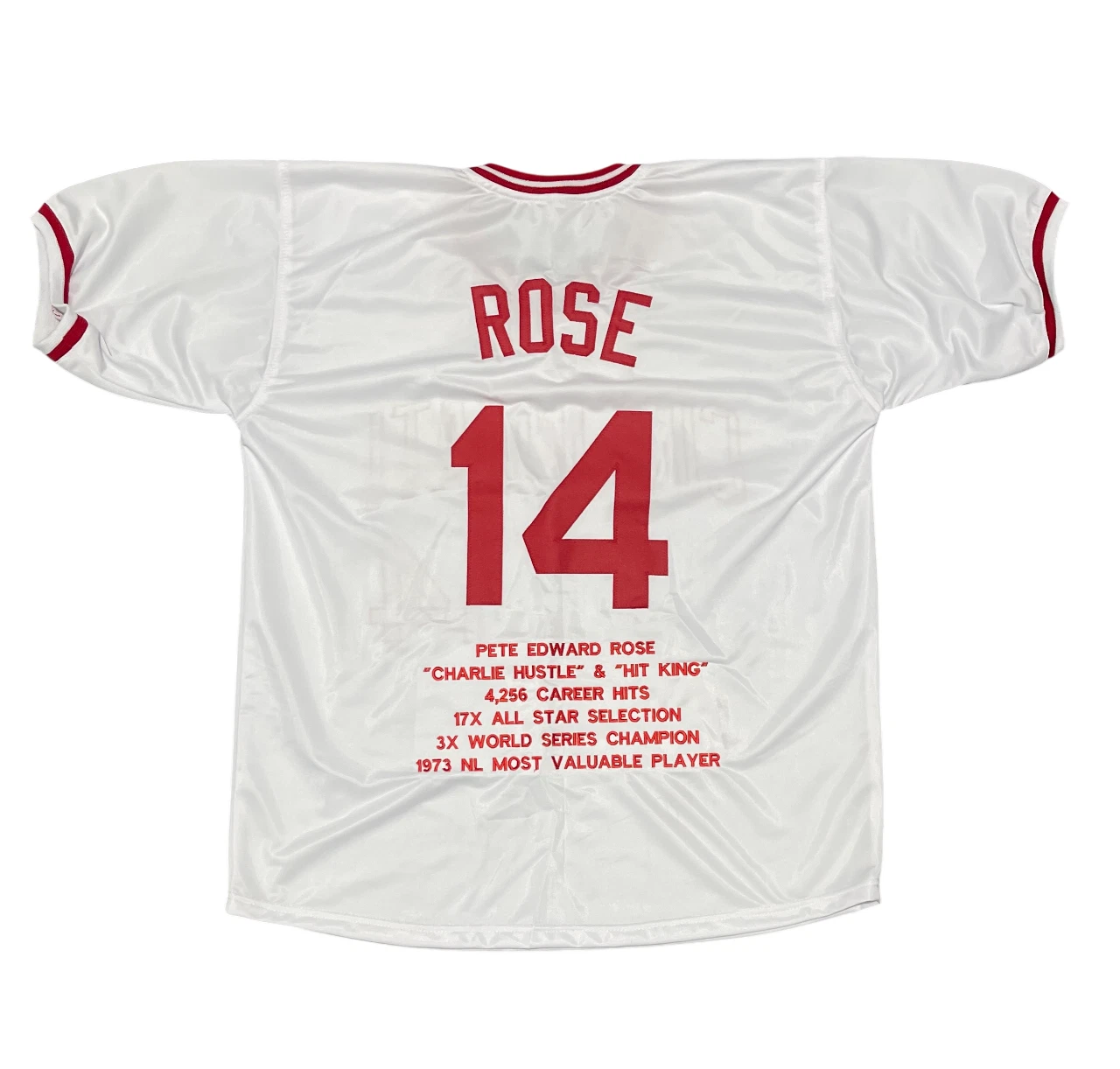 Pete Rose UNSIGNED Cincinnati Reds White Custom Jersey w/ Career Stats Stitched