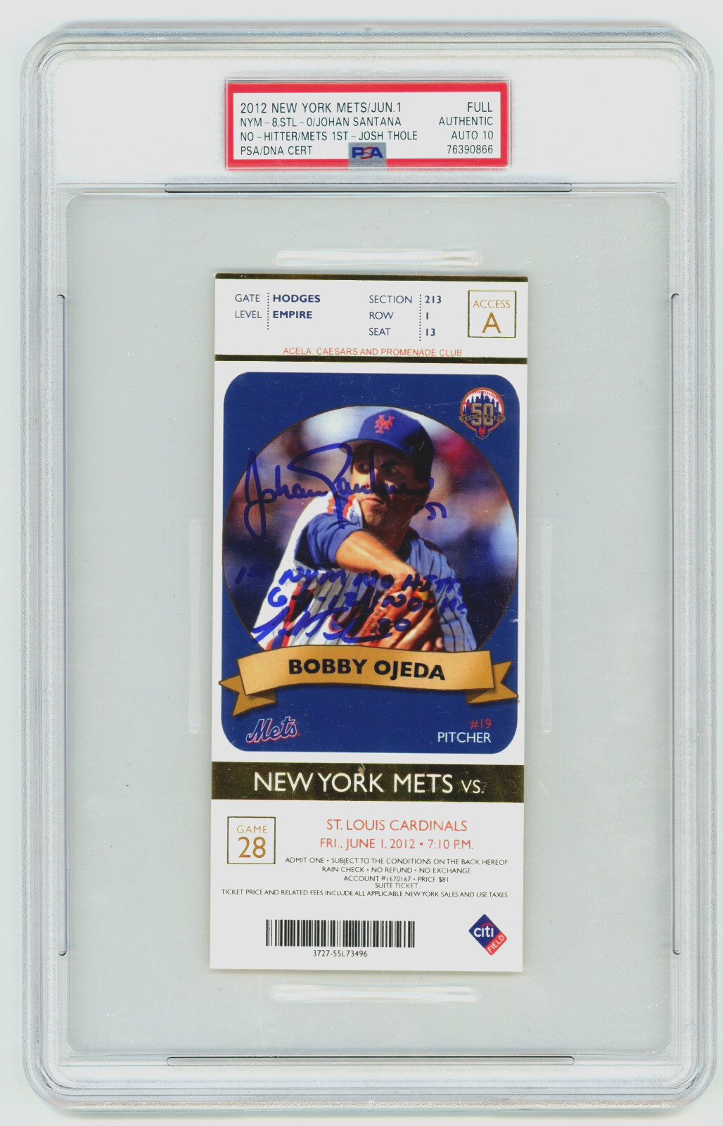 Johan Santana Josh Thole Signed Mets 1st No-Hitter Season Ticket Ins PSA 10 Auto