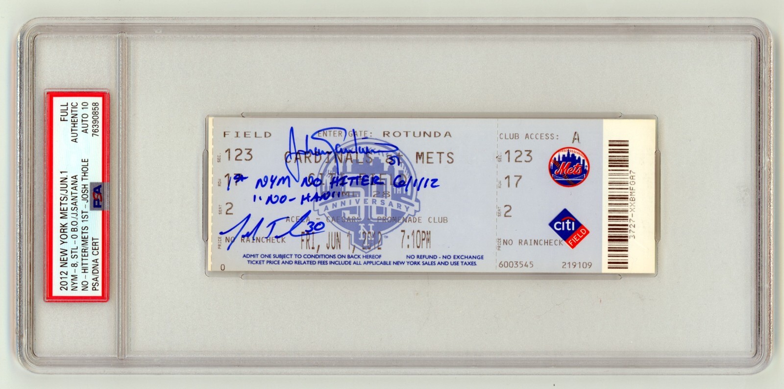 Johan Santana Josh Thole Signed Mets 1st No-Hitter Ticket w/ 2 Insc. PSA 10 Auto